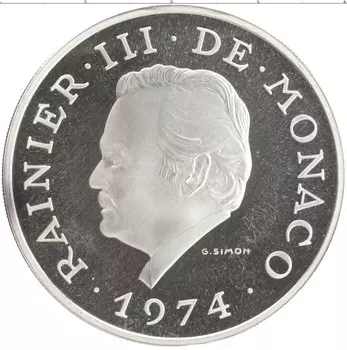 Монета 100 франков Монако 1974 года Серебро Ранье III