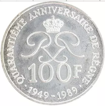 Монета 100 франков Монако 1989 года Серебро 40-летие правления Райнера III