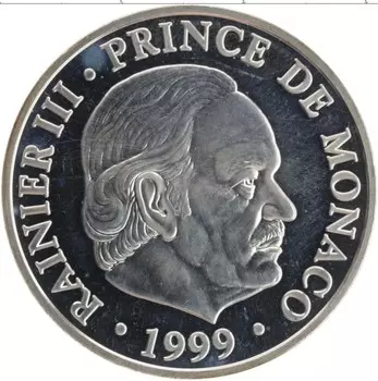 Монета 100 франков Монако 1999 года Серебро 50 лет правления Ранье III