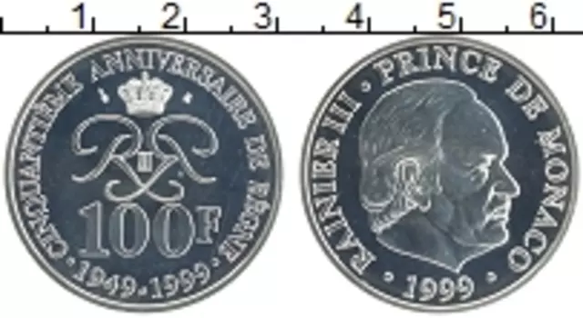Монета 100 франков Монако 1999 года Серебро 50 лет правлению Ренье III