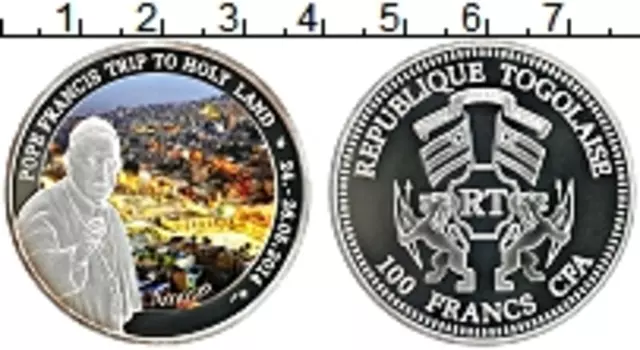 Монета 100 франков Того 2014 года Посеребрение Цветная печть