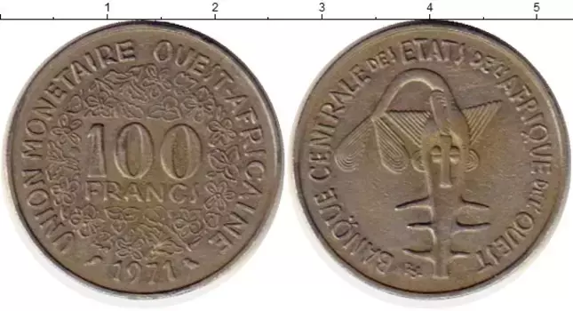 Монета 100 франков Западной Африки 1971 года Медно-никель Золотая гиря народа ашанти, служившая для взвешивания золотого песка