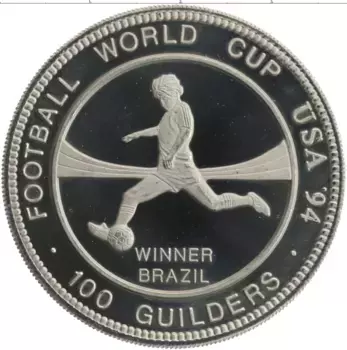 Монета 100 гульденов Суринама 1994 года Серебро Чемпионат мира по футболу 1994