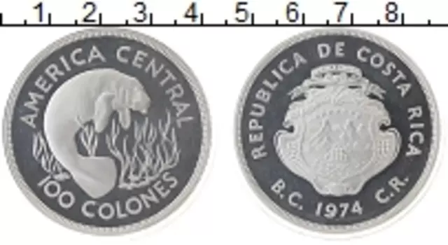 Монета 100 колон Коста-Рики 1974 года Серебро Дюгонь