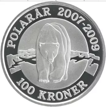 Монета 100 крон Дании 2007 года Серебро Международный полярный год - Полярный медведь