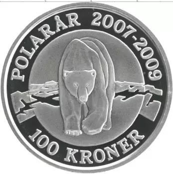 Монета 100 крон Дании 2007 года Серебро Международный полярный год - Полярный медведь