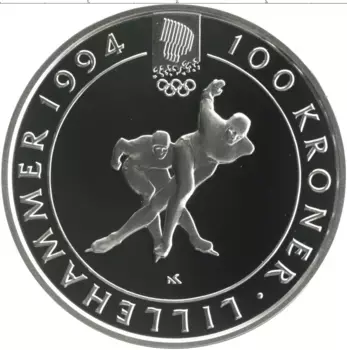 Монета 100 крон Норвегии 1991 года Серебро Олимпийские игры Лиллехаммер-1994