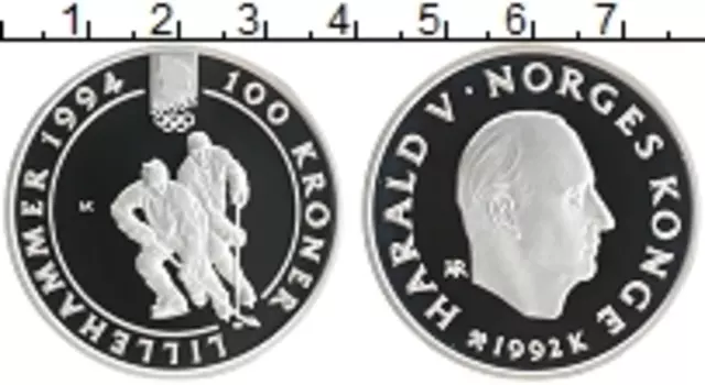 Монета 100 крон Норвегии 1992 года Серебро Харальд V