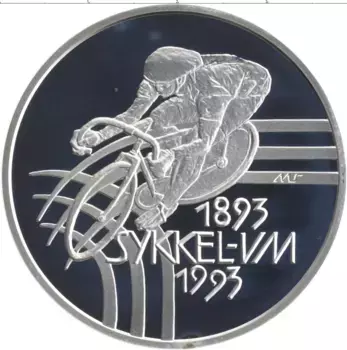 Монета 100 крон Норвегии 1993 года Серебро Чемпионат мира по велоспорту в Осло