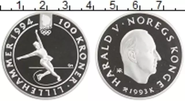 Монета 100 крон Норвегии 1993 года Серебро Олимпийские игры