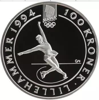 Монета 100 крон Норвегии 1993 года Серебро XVII Зимние олимпийские игры, Лиллехаммер 1994 - Фигурное катание