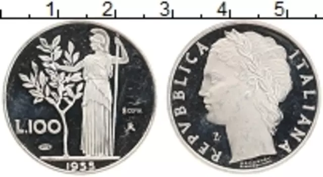 Монета 100 лир Италии 1955 года Серебро Официальный выпуск Монетного Двора