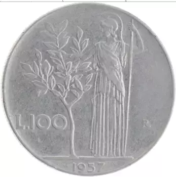 Монета 100 лир Италии 1957 года Медно-никель