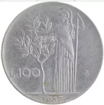 Монета 100 лир Италии 1957 года Медно-никель