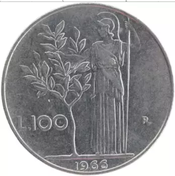 Монета 100 лир Италии 1966 года Медно-никель