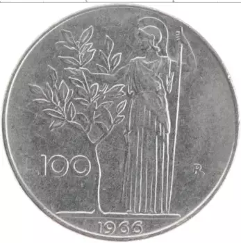 Монета 100 лир Италии 1966 года Медно-никель