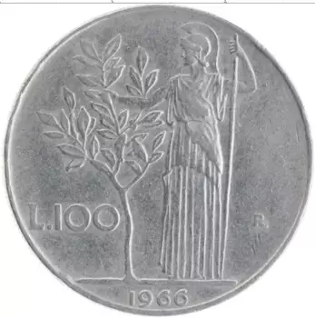 Монета 100 лир Италии 1966 года Медно-никель