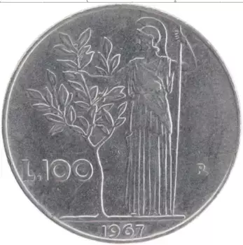 Монета 100 лир Италии 1967 года Медно-никель