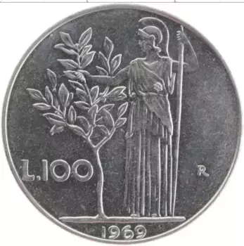 Монета 100 лир Италии 1969 года Медно-никель