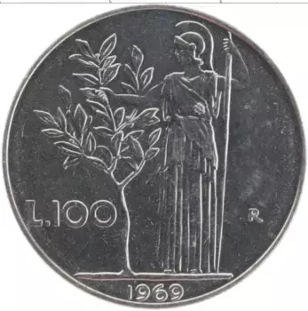 Монета 100 лир Италии 1969 года Медно-никель