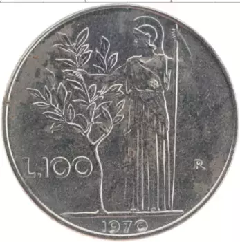 Монета 100 лир Италии 1970 года Медно-никель