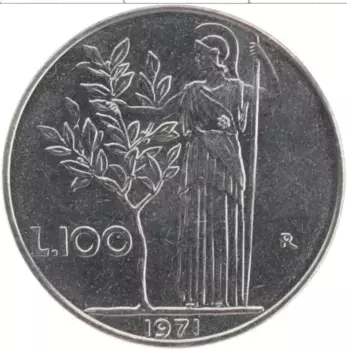 Монета 100 лир Италии 1971 года Медно-никель