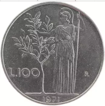 Монета 100 лир Италии 1971 года Медно-никель