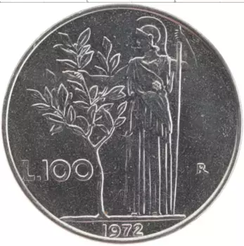 Монета 100 лир Италии 1972 года Медно-никель