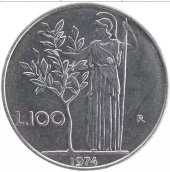 Монета 100 лир Италии 1974 года Медно-никель