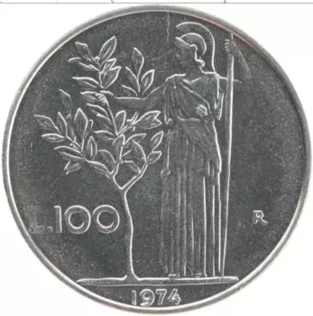 Монета 100 лир Италии 1974 года Медно-никель