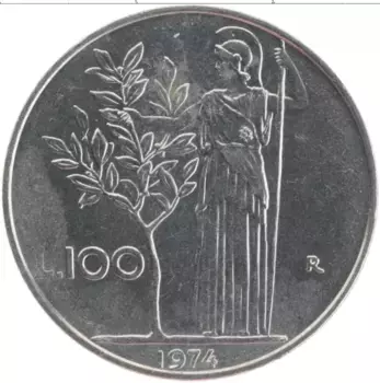 Монета 100 лир Италии 1974 года Медно-никель