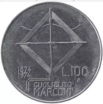 Монета 100 лир Италии 1974 года Железо 100-летие Гульельмо Маркони