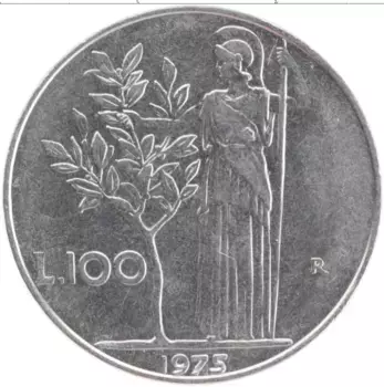 Монета 100 лир Италии 1975 года Медно-никель