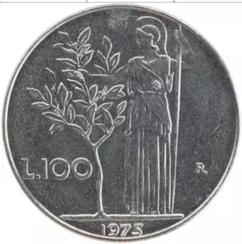 Монета 100 лир Италии 1975 года Медно-никель