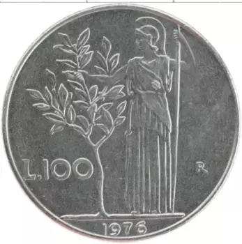 Монета 100 лир Италии 1976 года Медно-никель