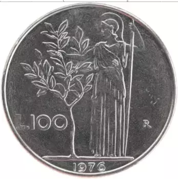 Монета 100 лир Италии 1976 года Медно-никель