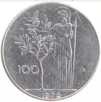 Монета 100 лир Италии 1976 года Медно-никель