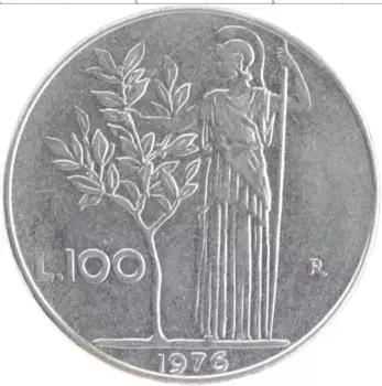 Монета 100 лир Италии 1976 года Медно-никель Богиня мудрости Минерва