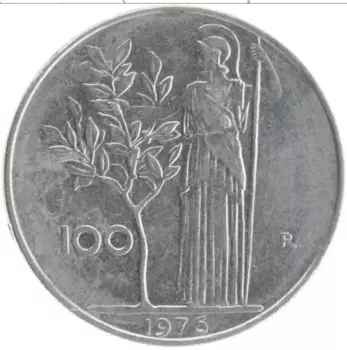 Монета 100 лир Италии 1976 года Медно-никель