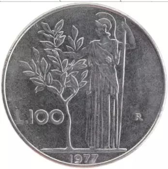 Монета 100 лир Италии 1977 года Медно-никель