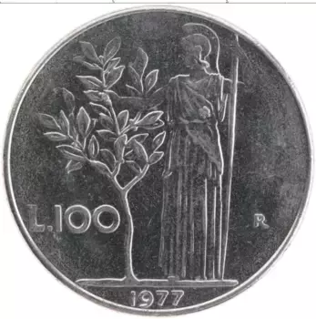 Монета 100 лир Италии 1977 года Медно-никель