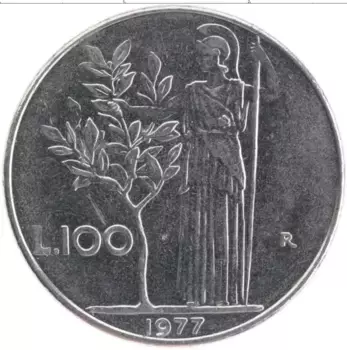 Монета 100 лир Италии 1977 года Медно-никель