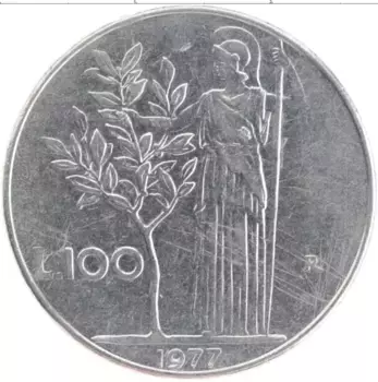 Монета 100 лир Италии 1977 года Медно-никель