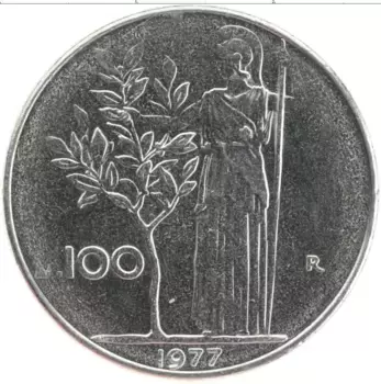 Монета 100 лир Италии 1977 года Медно-никель