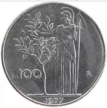 Монета 100 лир Италии 1977 года Медно-никель