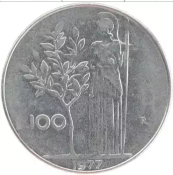 Монета 100 лир Италии 1977 года Медно-никель