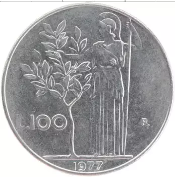 Монета 100 лир Италии 1977 года Медно-никель