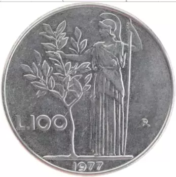 Монета 100 лир Италии 1977 года Медно-никель