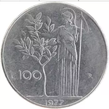 Монета 100 лир Италии 1977 года Медно-никель
