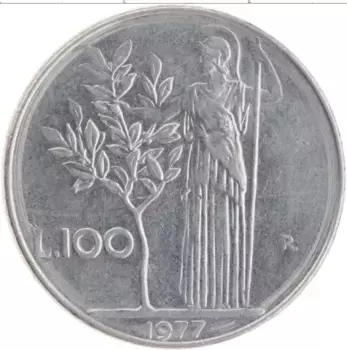 Монета 100 лир Италии 1977 года Медно-никель